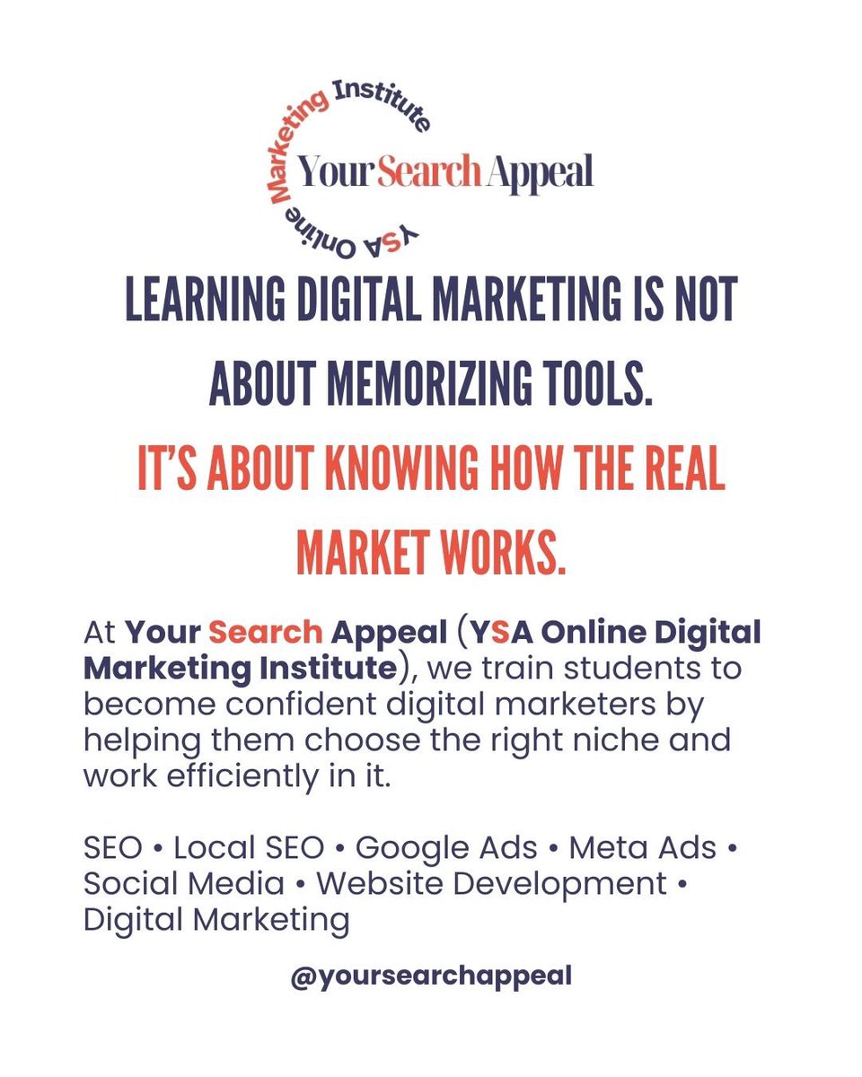 YsaInstitute's tweet photo. Learning digital marketing isn’t about tools — it’s about real-world execution.

At Your Search Appeal (YSA), the Best Digital Marketing Institute in Delhi NCR, we train students to master their niche with practical, market-driven learning.

#BestDigitalMarketingInstituteInDelhi https://t.co/B9Z0QkRqdO