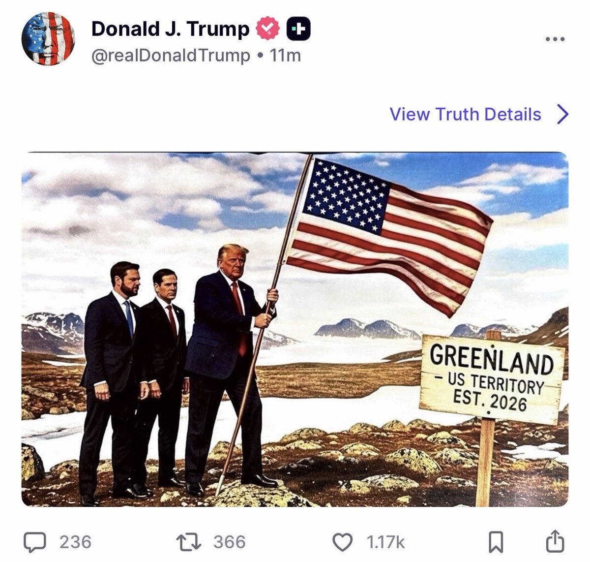 MAGAVoice's tweet image. BREAKING 🚨 President Trump stuns the world by posting a photo of him, JD Vance and Marco Rubio planting the American Flag in Greenland

WE ARE GETTING HALL OF FAME TWEETS AT 1:00 AM

WE ARE SO BACK 🔥