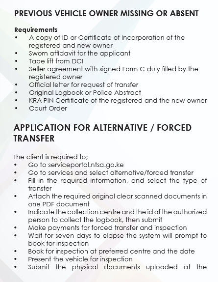 ntsa_kenya's tweet photo. If you are driving a vehicle that is still registered in the previous owner's name, responsibility for any traffic offences and liabilities rests with the person currently using the vehicle. To avoid future inconvenience and ensure ownership records are updated, the new owner is advised to promptly complete the Alternative Forced Transfer process.. Follow the link https://t.co/0Ue5welb5D. #NTSAServes #UsalamaBarabarani