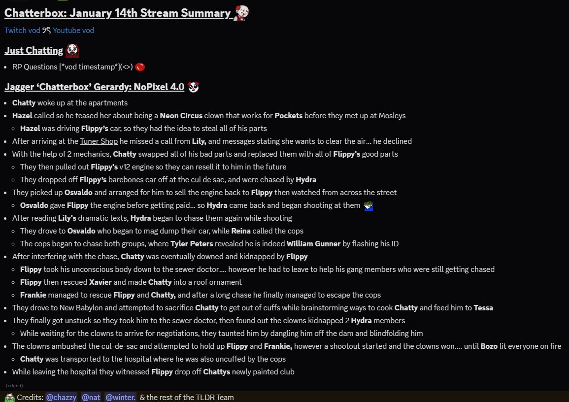 ChatterboxTLDR's tweet photo. Chatterbox: NoPixel 4.0 January 14th TLDR + Offline TLDR
 — 
"Chatterbox | Clowns and CLOWNCIL clowns | NoPixel 4.0 | Clowncil"
 —  
🔴 → https://t.co/4p19Qfr88R
🟣 → https://t.co/YQDyFZuKyP

For all timestamps + more recaps join the discord → https://t.co/ETndrLxgdQ https://t.co/tQx7qEYumJ
