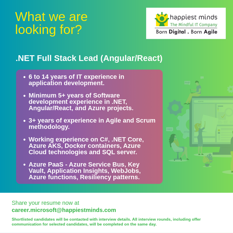HappiestMinds's tweet photo. Weekend Drive Alert! We are hiring .NET Full Stack Lead in Bengaluru. 

Experience: 6 to 14 Years

📅 24 Jan 2026 | 9AM–3PM 
📍 Happiest Minds (Madiwala, Bengaluru): https://t.co/I3TWMT5GDW

Apply: career.microsoft@happiestminds.com 

#Hiring #DotNetFullStackDeveloper https://t.co/avvIrP4Udt