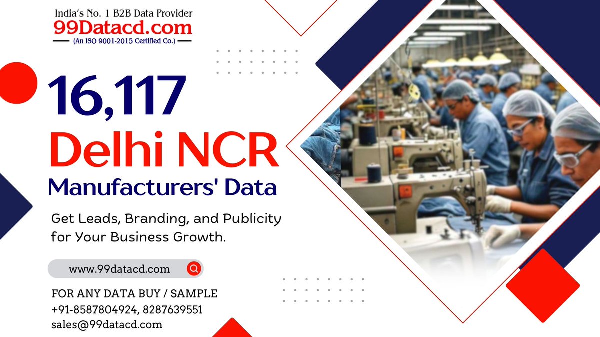 datacdprovider's tweet photo. Get 16,117 Delhi NCR Manufacturers Data (Free Sample Available)

DM us for a free sample data download.
Call/WhatsApp: 8587804924, 8287639551
Email: sales@99datacd.com
Free Sample: https://t.co/I3ufugW9Dn
.
#DelhiNCRmanufacturersdata #manufacturingcompaniesinDelhiNCR #99datacd https://t.co/yL7j8BQIM0