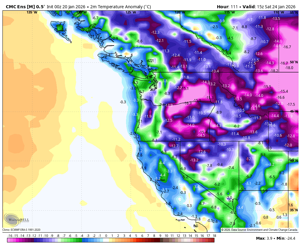 vlad_rad's tweet photo. Colder trends on the Canadian model tonight for arctic air seeping #West to the #BC Coast by the weekend. The main cold remains E of Rockies but a #cold clip is still on the way. 
#BCWx #BCStormWatch #PNW #West #WinterWatch https://t.co/61Nq1Dbq2f