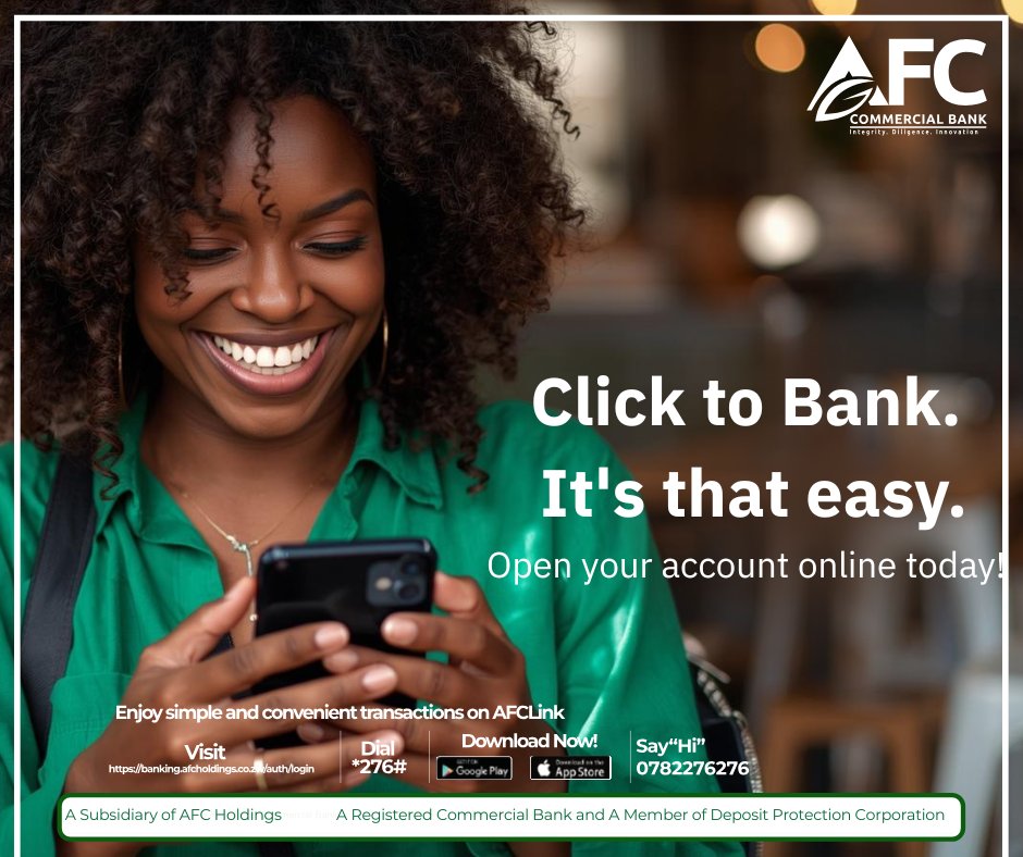 Your bank is open, 24/7.

Whether you're on your lunch break or curled up at home, you can open your account completely online no appointments needed.

➡️ Start your application now: selfservice.afcholdings.co.zw... #AccountOpeningOnTheGo #New