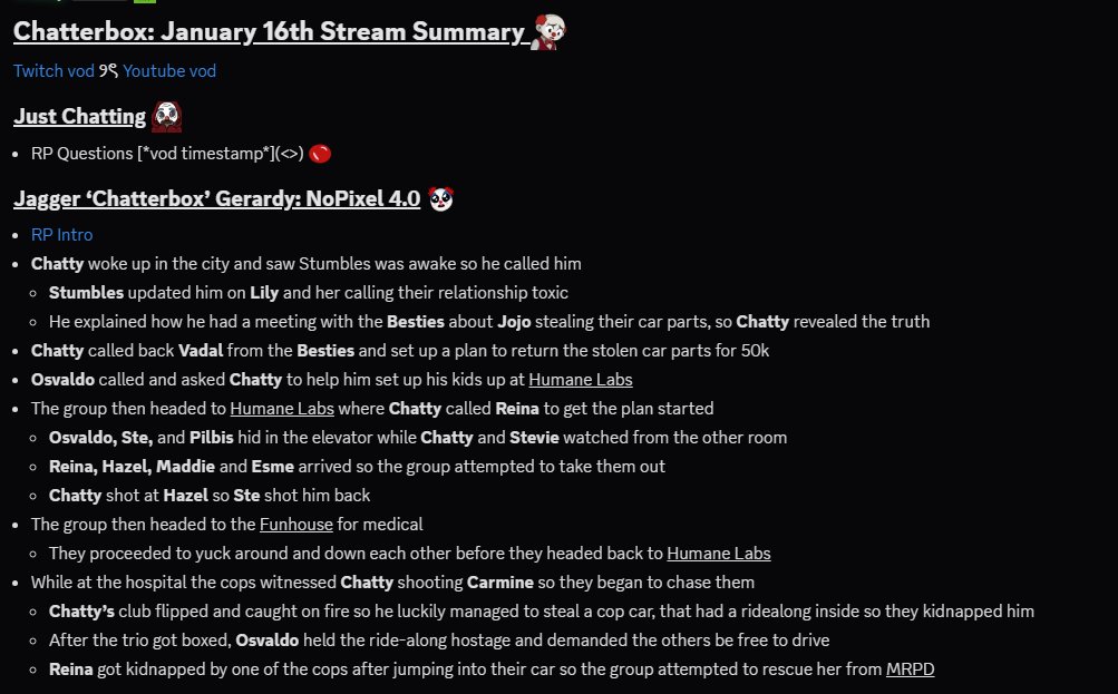 ChatterboxTLDR's tweet photo. Chatterbox: NoPixel 4.0 January 16th TLDR
 — 
"Chatterbox | oh... yuck | NoPixel 4.0 | Clowncil"
 —  
🔴 → https://t.co/BsHzD3yGsl
🟣 → https://t.co/AaYHGIsSFc

RP intro  → https://t.co/hVZzl0uEER

For all timestamps + more recaps join the discord → https://t.co/ETndrLxgdQ https://t.co/SVcEVoLjTT