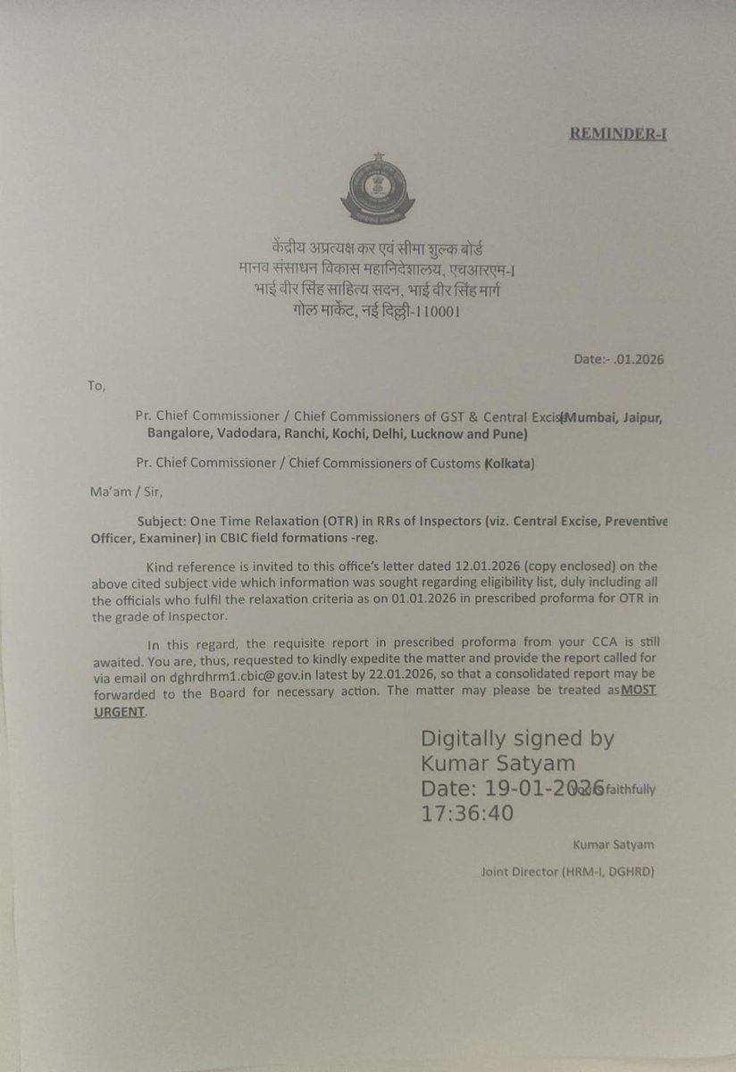 To fulfill the vision of Hon'ble <a href="/PMOIndia/">PMO India</a>, <a href="/DoPTGoI/">DoPT</a> has approved the OTR for filling up the vacancies of Inspector in <a href="/cbic_india/">CBIC</a>.

However, CCAs are delaying the report.

Requesting <a href="/cbic_india/">CBIC</a> for an immediate intervention.
<a href="/cgstdelhizone/">CGST Delhi Zone</a>
<a href="/cgstvdrzone/">CGST Vadodara Zone</a> <a href="/cgstcuspunezone/">CGST & Customs Pune Zone</a>