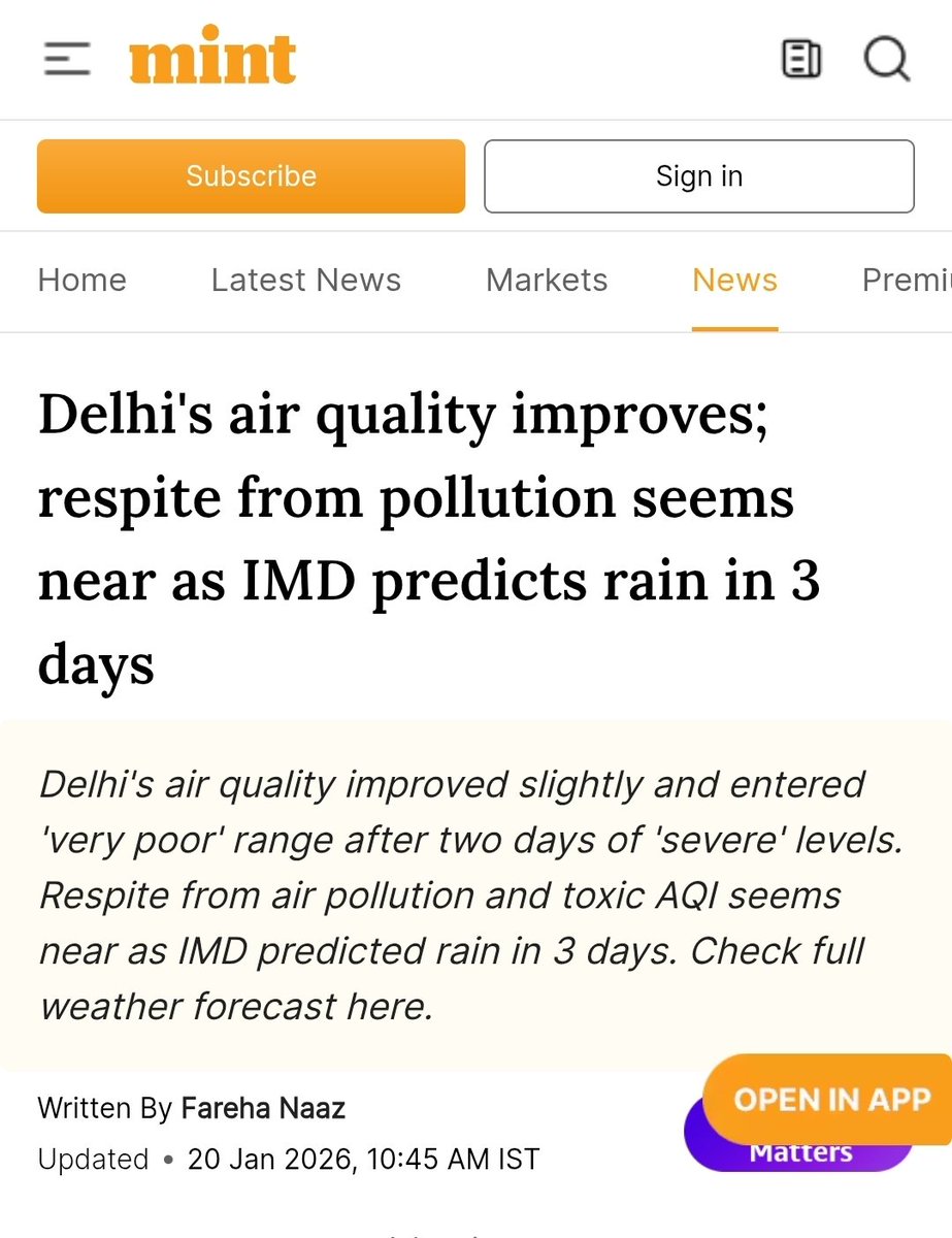 rohitbsl's tweet photo. Calling AQI ~400 an “improvement” shows how low our standards have fallen.
Anything above 80 is unhealthy.
300–400 is toxic, not good news.
Stop celebrating survival. Call it what it is: poisoned air. @livemint https://t.co/iJcoyTCc44