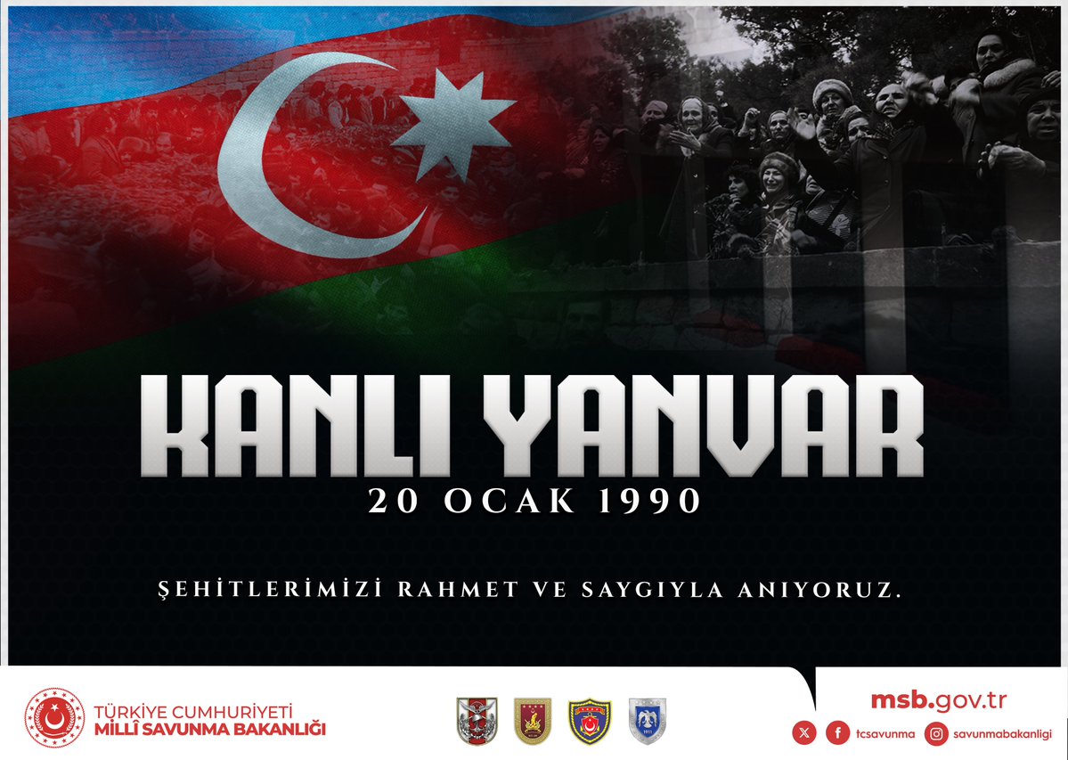 🗓️ 20 Ocak 1990

Kardeş Azerbaycan’da yaşanan ve tarihe #KaraOcak olarak geçen insanlık dışı saldırılarda hayatını kaybeden şehitlerimizi rahmet ve saygıyla anıyoruz.

Azerbaycan Türkü kardeşlerimizin yaşadığı acıyı yüreğimizde hissediyor; tarih boyunca olduğu gibi bugün de iyi