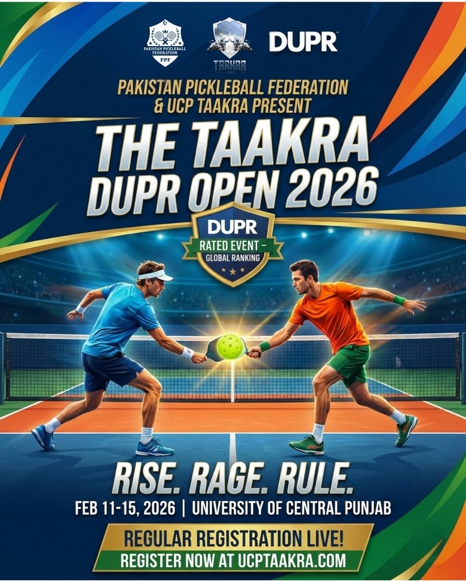 pakpickleball's tweet photo. TAAKRA DUPR OPEN 2026 IS HERE! 🔥

Are you ready to dominate the kitchen? The Pakistan Pickleball Federation is bringing the heat to UCP Taakra 2026! 🏓

REGULAR REGISTRATION NOW OPEN!

📍 Venue: University of Central Punjab
🔗 Link: https://t.co/dOg4N8LqMv https://t.co/VY1jinrnqz