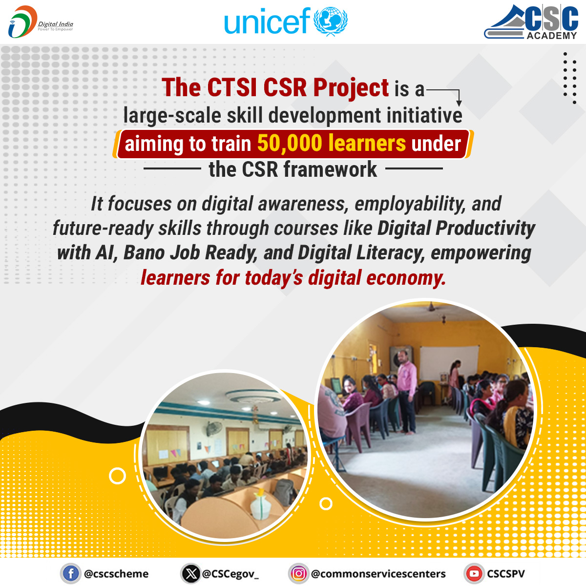 academy_csc's tweet photo. The CTSI CSR Project is aiming to train 50,000 learners under the CSR framework. It focuses on digital awareness, employability, & future-ready skills through courses like Digital Productivity with AI, Bano Job Ready, & Digital Literacy.
#CSCAcademy #DigitalIndia https://t.co/I6MVzgFJdi