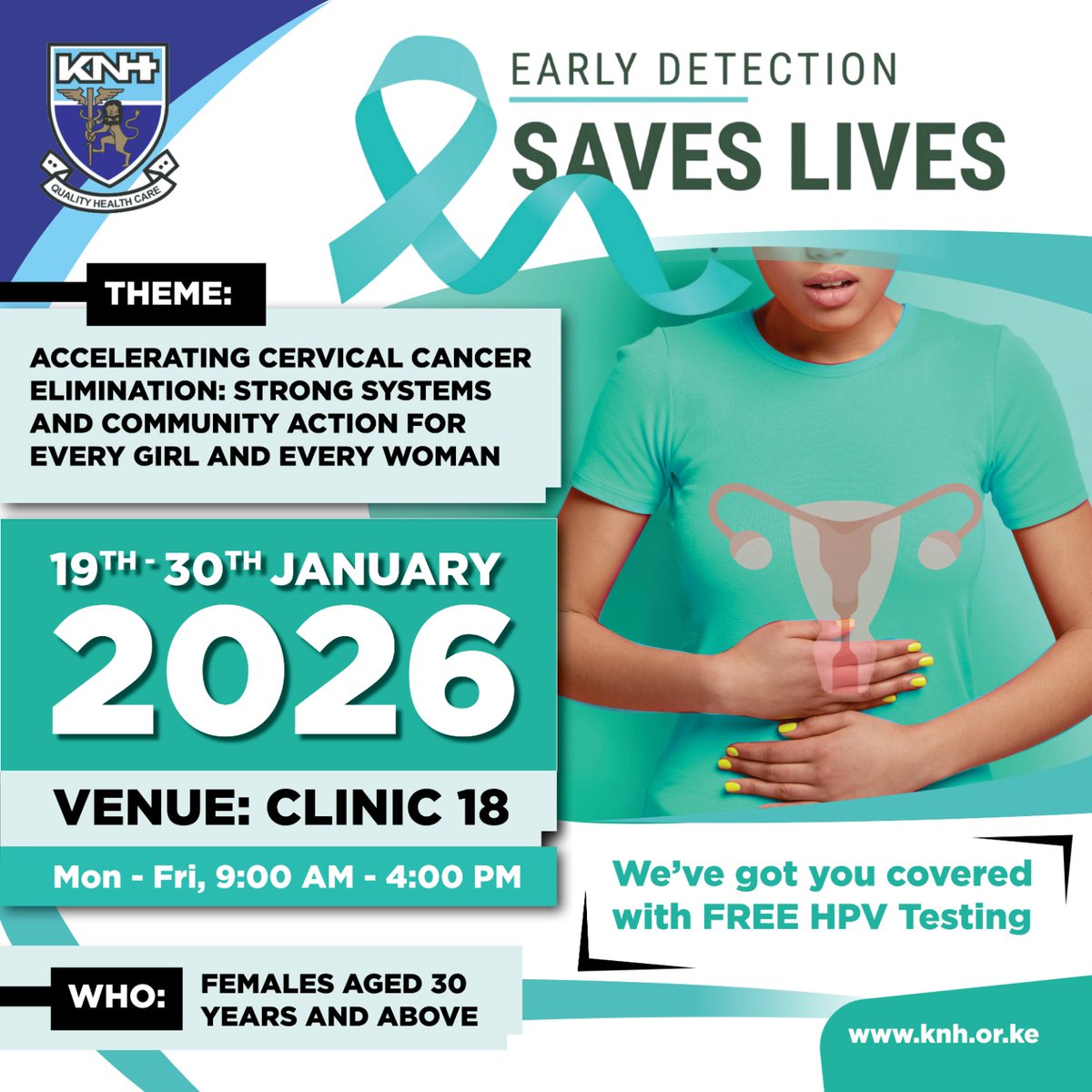 BendaKithaka's tweet photo. Hey. @KNH_hospital has FREE #HPVTesting. Until 30th Jan! HPV is the @WHO GOLD Standard for screening.

Early Detection &amp; Timely Treatment saves Lives. Share Widely. Save money (Kes. 5,900- 8,200) by taking this chance.
#KileleChallenge #CervicalCancer #UnitedByUnique #ACHA https://t.co/IDS8fZBedM