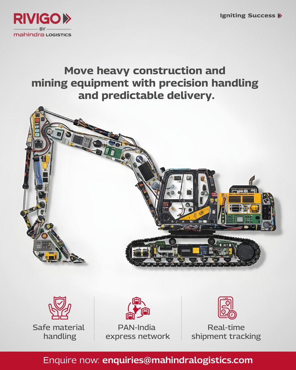 Mahindralog_MLL's tweet photo. Construction & mining equipment require safe handling & dependable transportation solutions. Our B2B Express Services deliver it with time-definite commitments & a PAN-India network.
Contact us to know more: enquiries@mahindralogistics.com
#MahindraLogistics #ExpressLogistics https://t.co/5FJ5FPXgZc