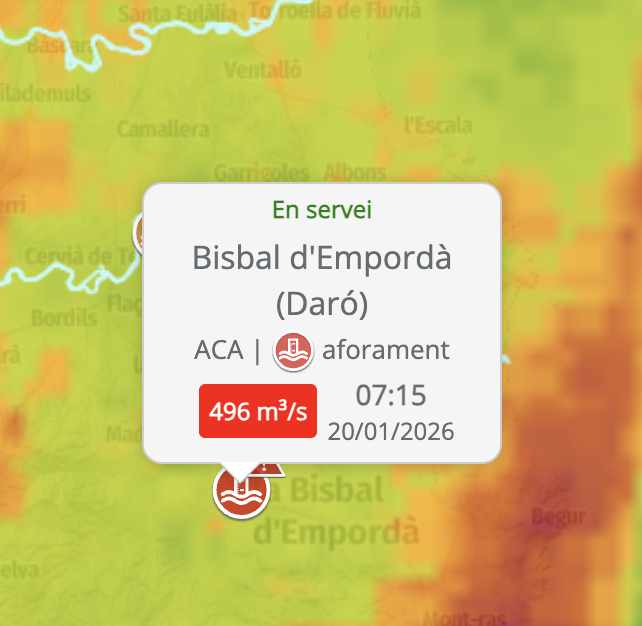 P4Estacions's tweet photo. 🚨 Situació MOLT delicada ara mateix al riu Daró a l'altura de la Bisbal d’Empordà.

⚠️ S'acosta als 500 m³/s i supera àmpliament el cabal màxim assolit durant el temporal Glòria.

#Projecte4Estacions https://t.co/wy3fqyFBg3