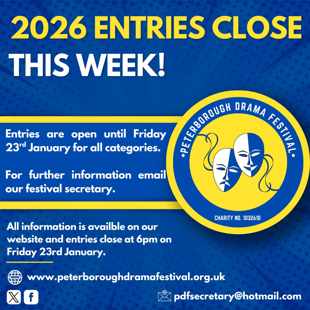 Pbodramafest's tweet photo. 🎭🗞👏 The 2026 syllabus is available on our website. 
📋 Entries are now being accepted from individuals, stage schools, theatre groups, drama groups and schools.  Entries close on Friday!
📅 Festival - 6th and 7th March 2026.
🧑🏻‍💻 https://t.co/kDHawBYQqk https://t.co/0CIFURrZLU