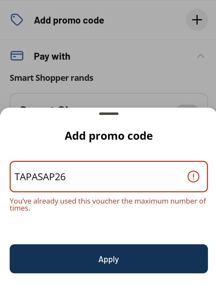 Only ever used this code once and every time I use it or any other valid promo code this happens 😤 <a href="/PicknPay/">Pick n Pay</a> this is the 5th purchase that refuses a valid PC