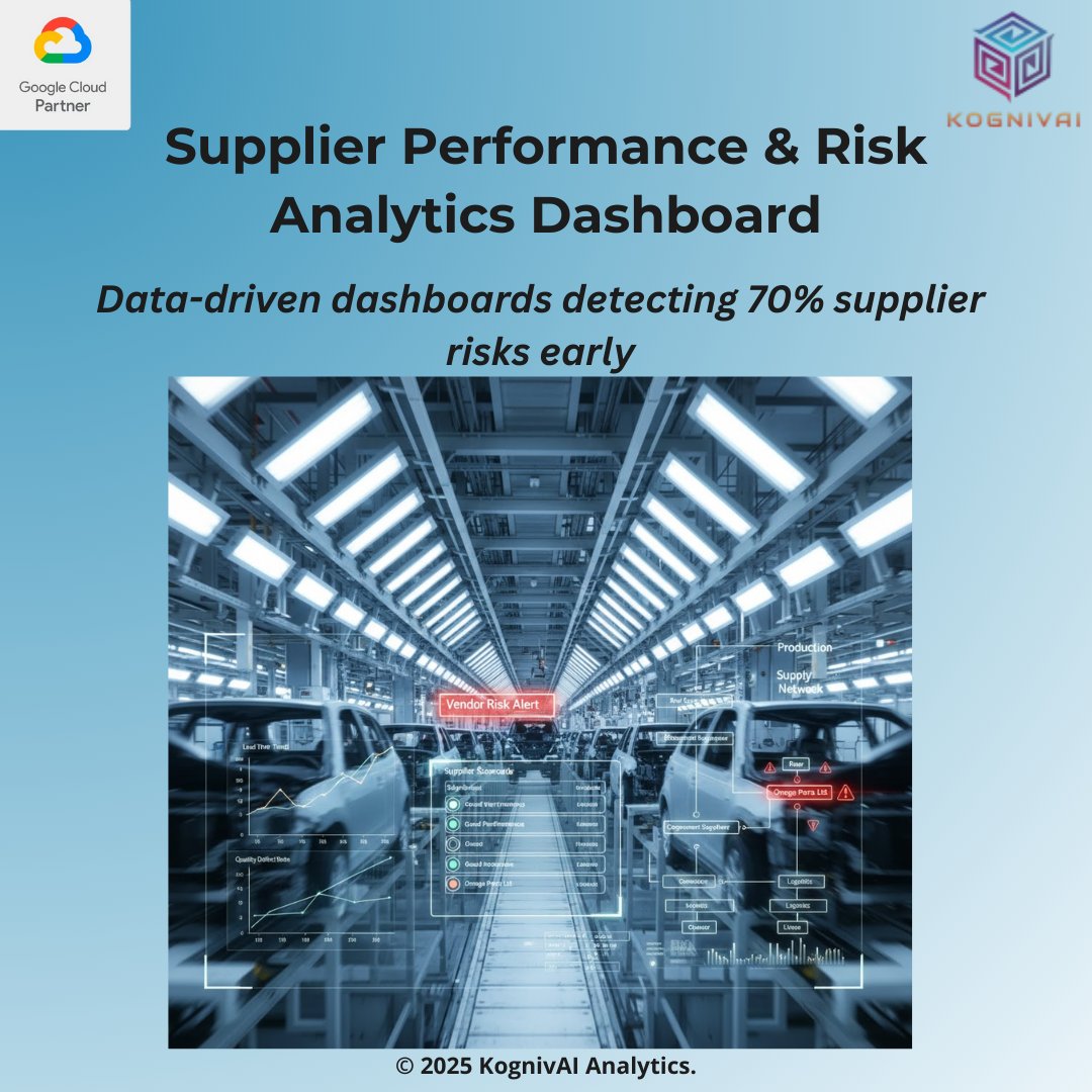 KognivAI's tweet photo. Supplier delays disrupt production and sales.

KognivAI’s Supplier Performance &amp; Risk Analytics Dashboard gives procurement teams real-time visibility into lead times, defects &amp; risks — cutting delays by 20–30%.

Predict early. Act faster. 🚗📊

#SupplierAnalytics #Procurement https://t.co/PiF3gy4332