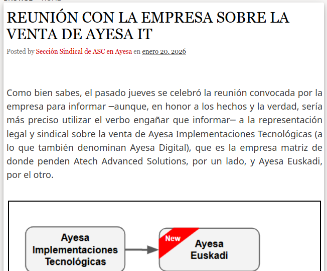 REUNIÓN CON LA EMPRESA SOBRE LA VENTA DE AYESA IT
asc-ayesaat.blogspot.com/2026/01/reunio…

<a href="/AyesaNews/">Ayesa</a> #Ayesa #TIC #Ingenieria #Consultoría 

<a href="/ASC_Sevilla/">ASC Sevilla</a> <a href="/ASCsindicato/">Alternativa Sindical de Clase</a>