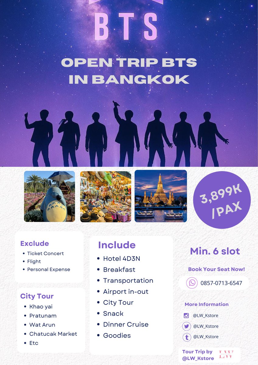 Army yang mau nonton Bangtan di BANGKOK bisa ikutan trip disini yaa, gaperlu bingung akomodasi dll selama disana~

OPEN TRIP BTS WORLD TOUR IN BANGKOK THAILAND

Detail Trip : 
(4D3N) tgl 3-6 Des/4-7 Des2026
Min 6 Slot Keberangkatan

Detail Form : forms.gle/bgyetugoBBiZ8N…
#BTSARMY