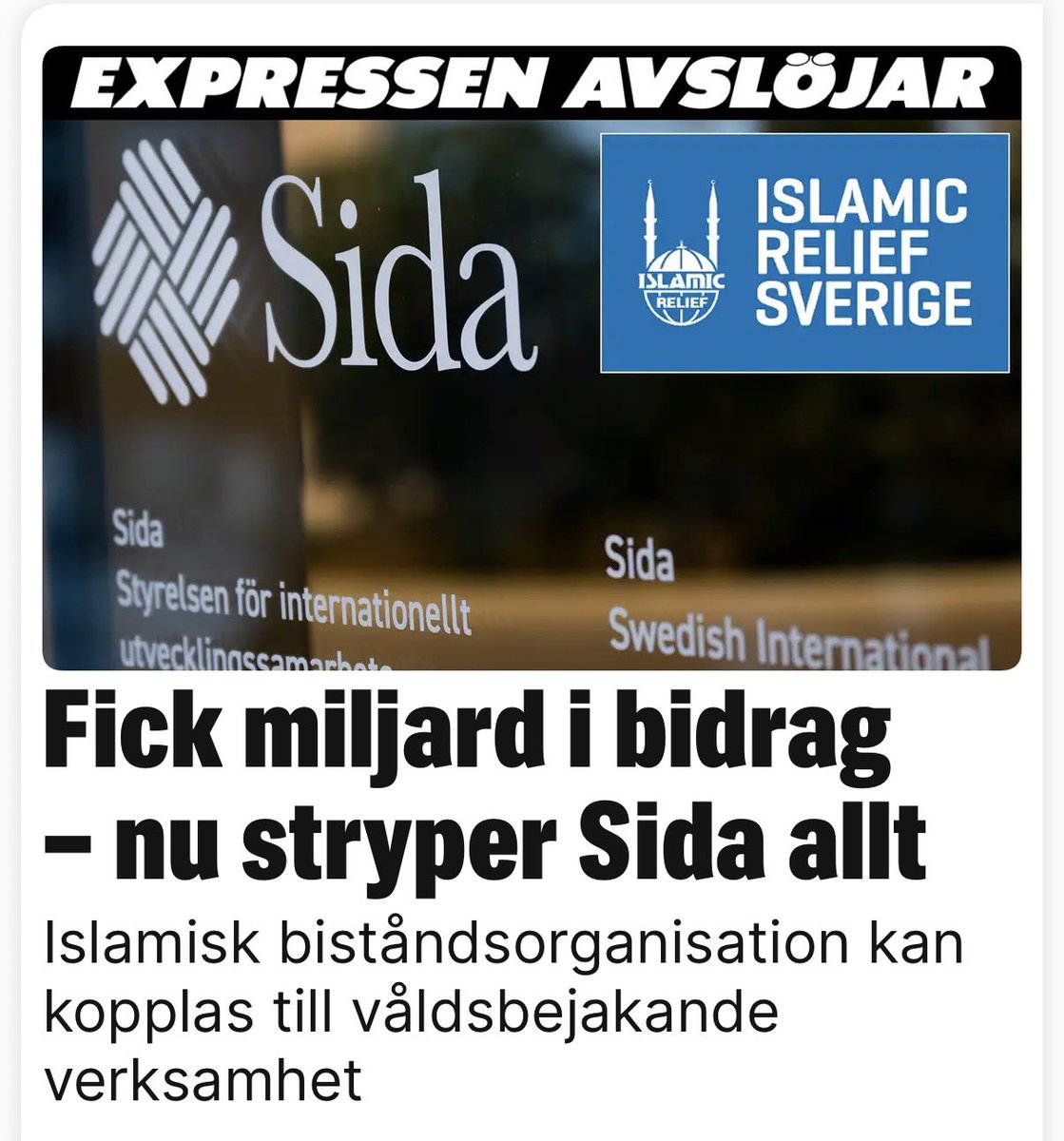 RichardHerrey's tweet image. De senaste tio åren har Islamic relief Sverige fått 1,3 miljarder kronor från Sida.

1,3 MILJARDER!

Nu stoppas alla bidrag.

Anledningen: Personer inom Islamic relief Sverige kan anses ha kopplingar till antidemokratisk eller våldsbejakande verksamhet. expressen.se/nyheter/sverig…