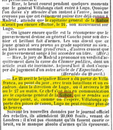 O bombardeio do exército espanhol contra o Lugo rebelde, que danou as muralhas, já se ventava na imprensa belga, como se comprova na sua cobertura das novas da Revoluçom Galega de 1846. Velaí em Journal de la Belgique de 5 de Maio desse ano.