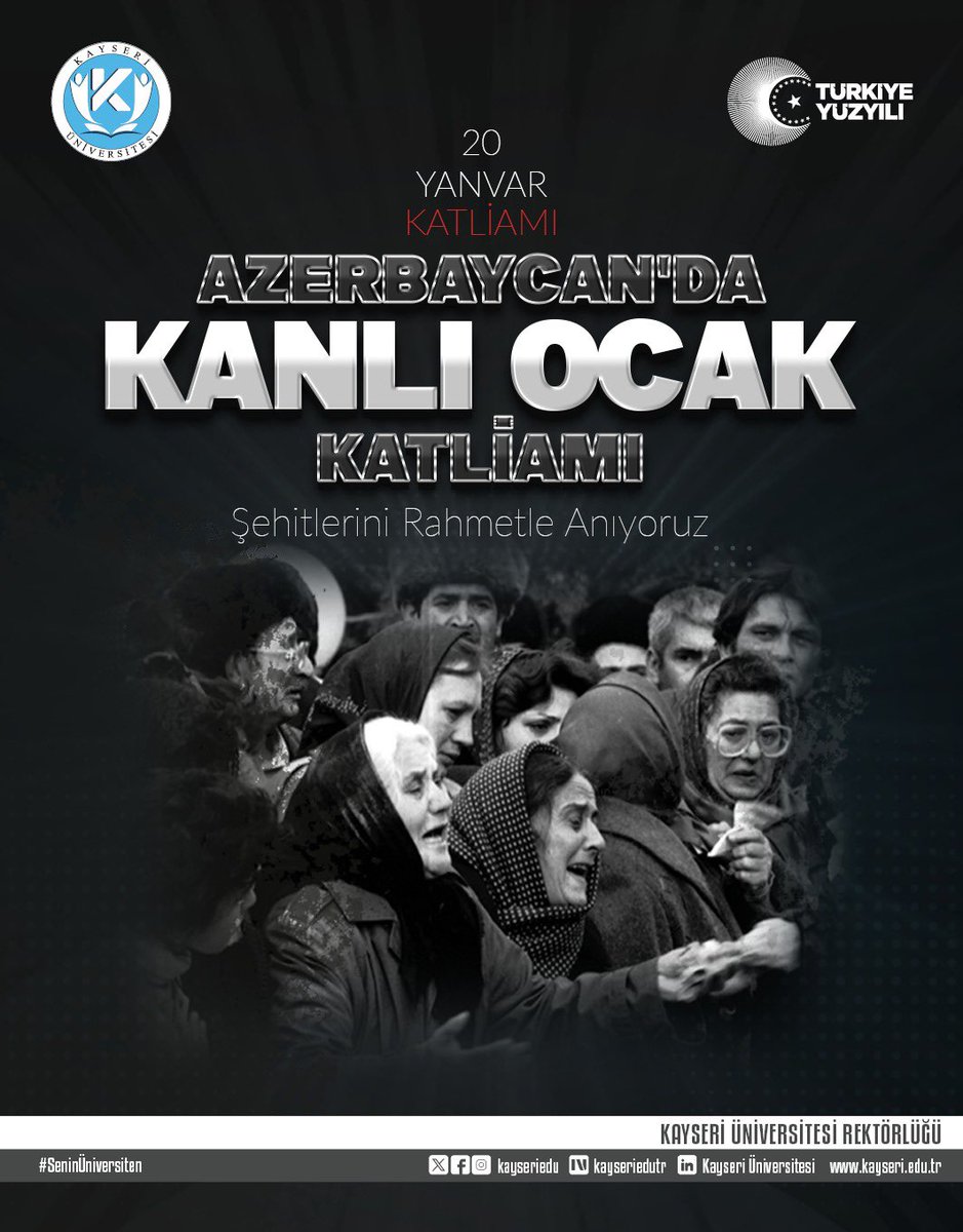 Azerbaycan'da 20 Ocak 1990 tarihinde meydana gelen Kanlı Ocak Katliamı'nın yıldönümünde şehit olan Azerbaycanlı kardeşlerimizi rahmetle anıyoruz.
Ruhları şâd, mekânları cennet olsun.