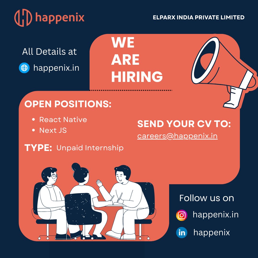 happenix's tweet photo. We’re hiring React Native &amp; Next.js interns (Unpaid) at Happenix 💻
Build real features for our sports ground booking platform and grow with a startup.
Apply: careers@happenix.in | More: https://t.co/N4MPTwcvPF
#Happenix #Hiring #ReactNative #NextJS #Internship #TechJobs https://t.co/Cgwwdgc0OJ