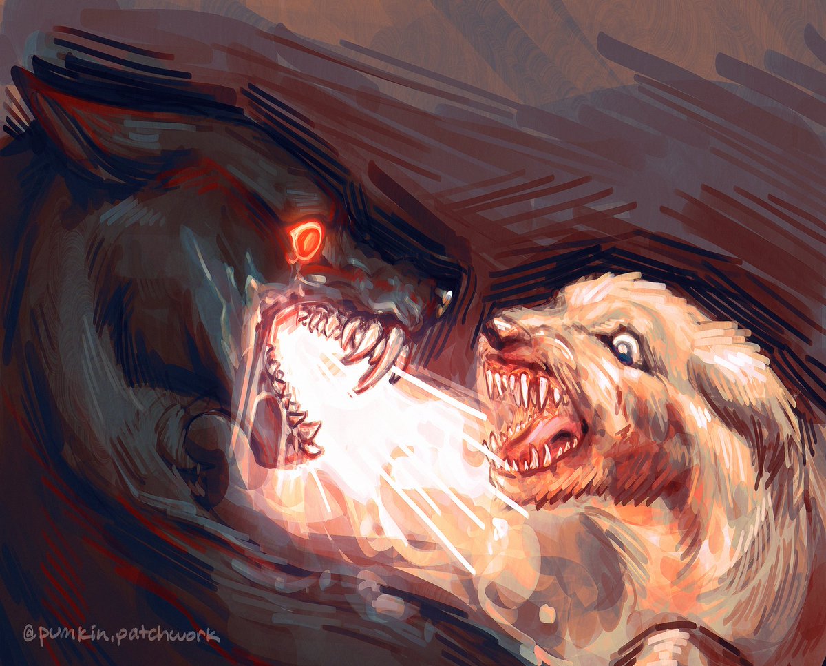 pumkinpatchwork's tweet photo. the Hound of Valinor and the wolf that swallowed a star
#silmarillion #huan #carcharoth https://t.co/nM7ViJyJpV