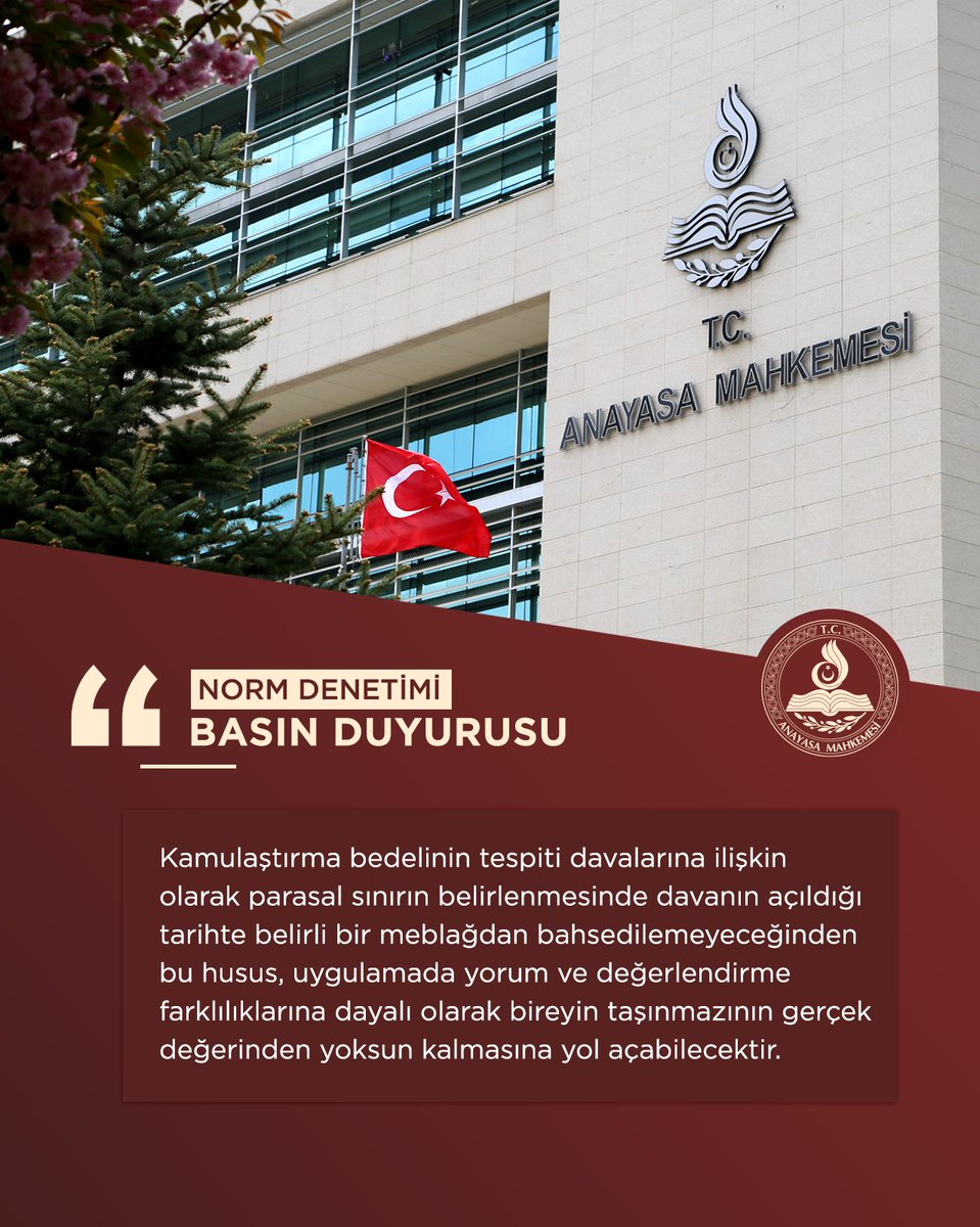 AYMBASKANLIGI's tweet image. Anayasa Mahkemesi, miktar veya değeri belirli bir meblağı geçmeyen kamulaştırma bedelinin tespitine ilişkin davalarda temyiz yoluna başvurulamayacağını öngören kurala yönelik itiraz başvurusunu karara bağladı.
anayasa.gov.tr/tr/haberler/no…