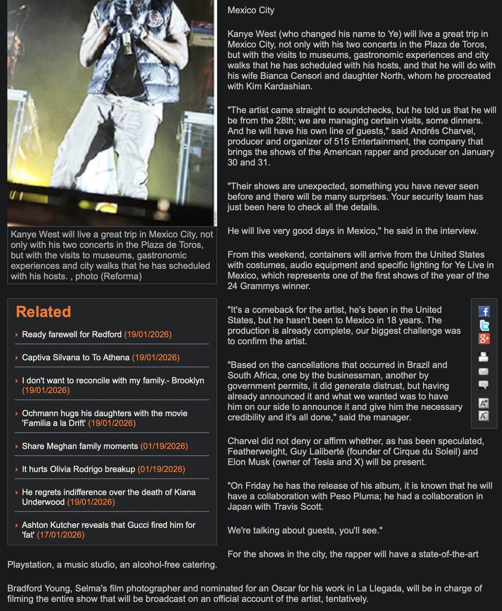 Some info about the Mexico concert -

- Bianca and North will be present
- "Their shows are unexpected, something you have never seen before and there will be many surprises" 
- Bradford Young will film the entire show and it'll be livestream on Ye's account
- There will be