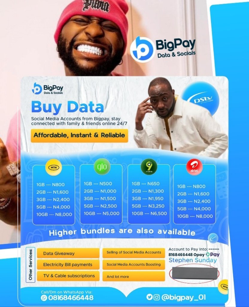 Bigpay_01's tweet image. Good morning, X Family ❤️💪. 

Your DATA &amp;amp; CASH vendor don wake ♥️😊. 

Don't forget to tag me to Data &amp;amp; Cash disbursement gigs. 

✅️Like &amp;amp; Retweet Thanks ♥️🥂.
✅️If this gets to your timeline, do have a wonderful day ❤️.