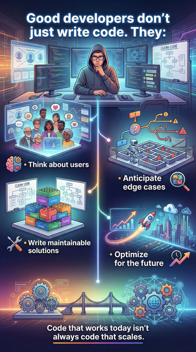 olusegun780's tweet photo. Good developers don’t just write code.
They: • Think about users
• Anticipate edge cases
• Write maintainable solutions
• Optimize for the future
Code that works today isn’t always code that scales. https://t.co/kLaqK5tB7v