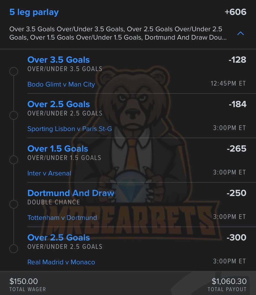 TUESDAY CHAMPIONS LEAGUE PARLAY ⭐️

5 legs to make $1,000.. let’s get it 👊🏼