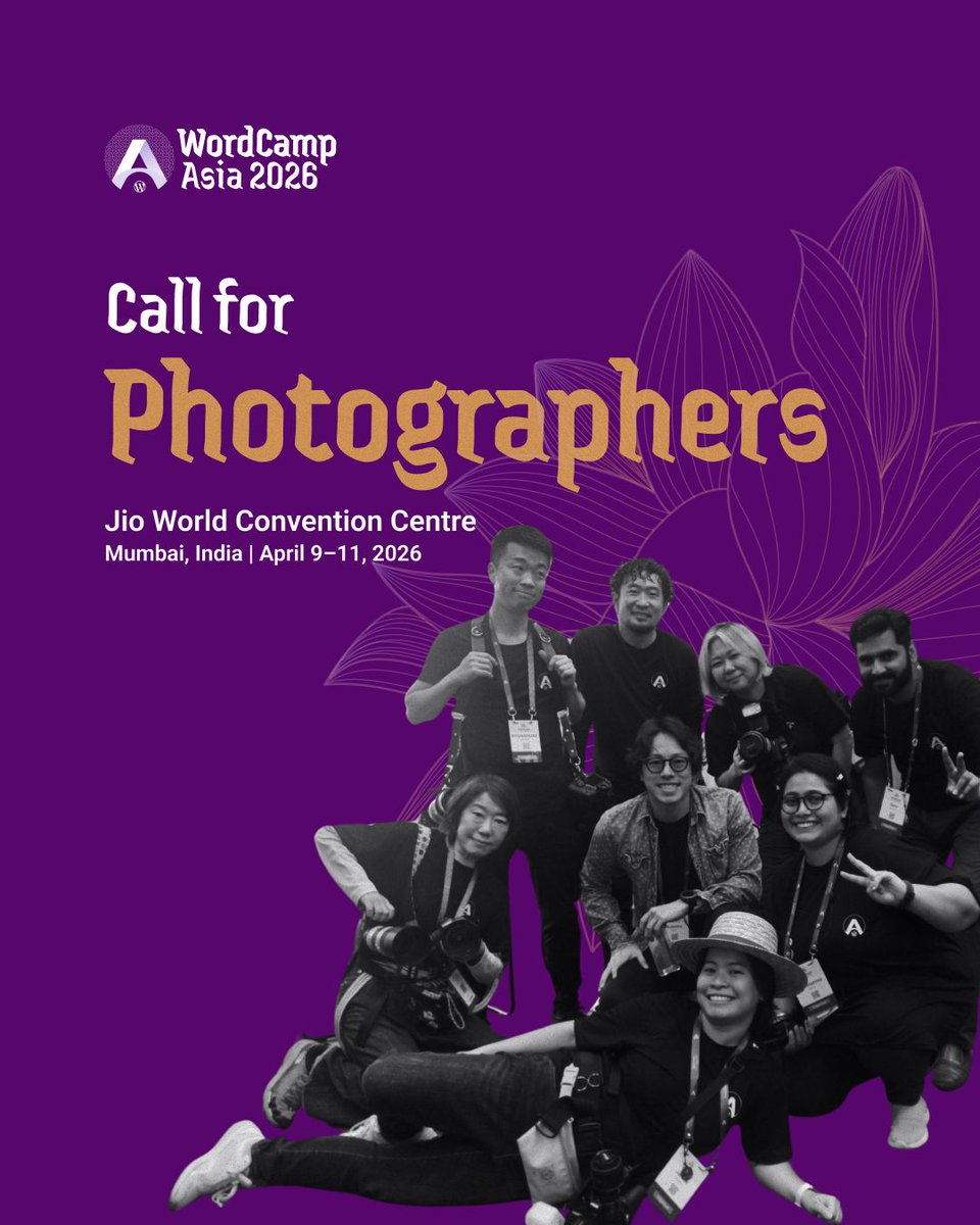 WordCampAsia's tweet photo. WordCamp Asia 2026 is calling volunteer photographers. ๐ท
Capture sessions, speakers, and the moments in between.
Build your portfolio. Join the global WordPress community.
๐ Apply now https://t.co/GAIZNGSySa
#WCA2026 #WordCampAsia #EventPhotography #VolunteerCall https://t.co/MVGSPd6n9K