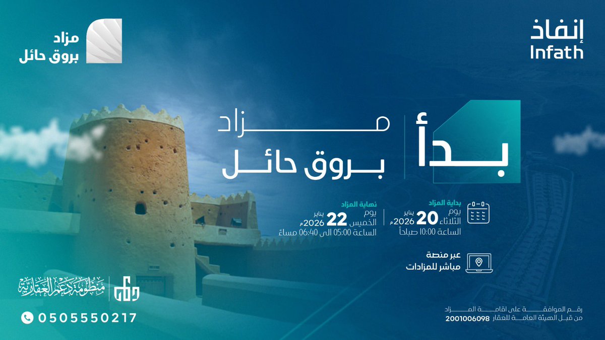 daamrep's tweet photo. تعلن منظومة دعم العقارية عن بدء مزاد بروق حائل لبيع مجموعة من الأصول العقارية في منطقة #حائل 
تحت إشراف مركز الإسناد والتصفية #إنفاذ وبقرار من محكمة التنفيذ. 
ينتهي المزاد يوم الخميس الموافق
22 يناير 2026 مابين الساعة 5 الى الساعة 6:40 مساءاً. 

للإطلاع على نشرة المزاد
https://t.co/5R2nEDog4P

للدخول الى صفحة المزاد
https://t.co/6WQYPgG12z