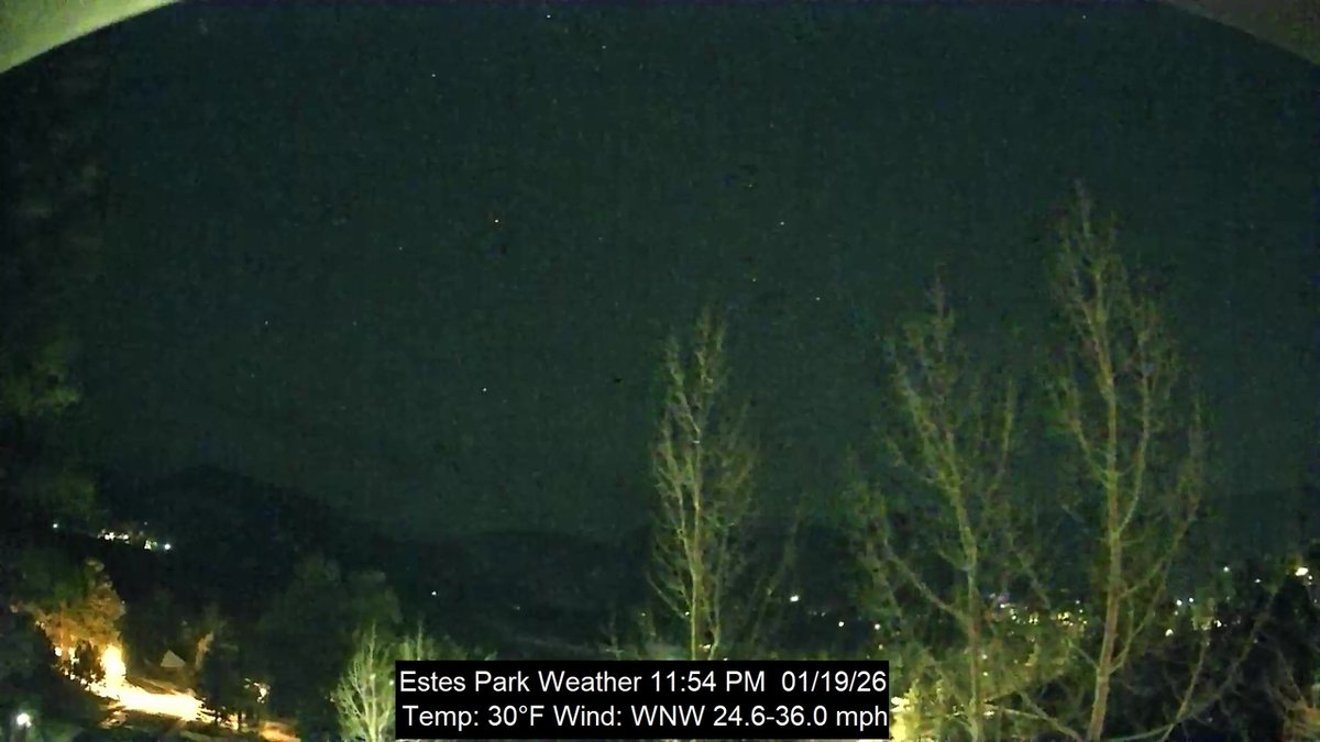 EstesWeather's tweet image. Estes Park, CO weather: clear | 30F | humidity 21 | wind W 28.0 -&amp;gt; 36.0 | Today: 9F/37F Rain 0.07 |  January 19, 2026 at 11:58PM #cowx