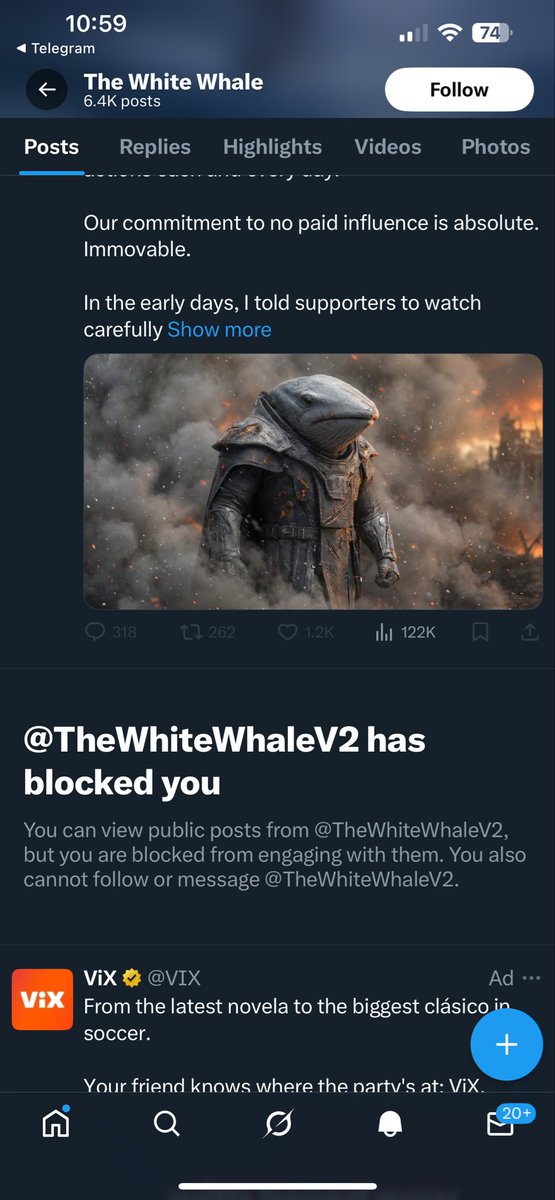 Today confirms that <a href="/TheWhiteWhaleV2/">The White Whale</a> is a scammer. First he rugs with side wallets, then he blocks me. So far, there is 100% accuracy: everyone who has blocked me is a scammer. There is no more accurate indicator than this of who is a scammer.

#scamhunter

Drop your SOL address,