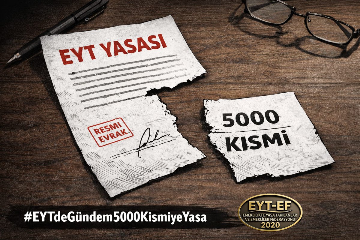 EYT
👇
#EYTdeGündem5000KısmiyeYasa

Devlet söz ve umut verdi, plan yaptırdı.

Sonra ne oldu?
#EYT yarım bırakıldı.
5000 Prim ve Kısmi Emeklilik hakları bilerek görmezden gelindi.

Bu adaletsizliğin tek çözümü yeni bir yasadır.

#EmeklideGündemEşitSeyyanen
<a href="/RTErdogan/">Recep Tayyip Erdoğan</a>
<a href="/isikhanvedat/">Prof. Dr. Vedat Işıkhan</a>
