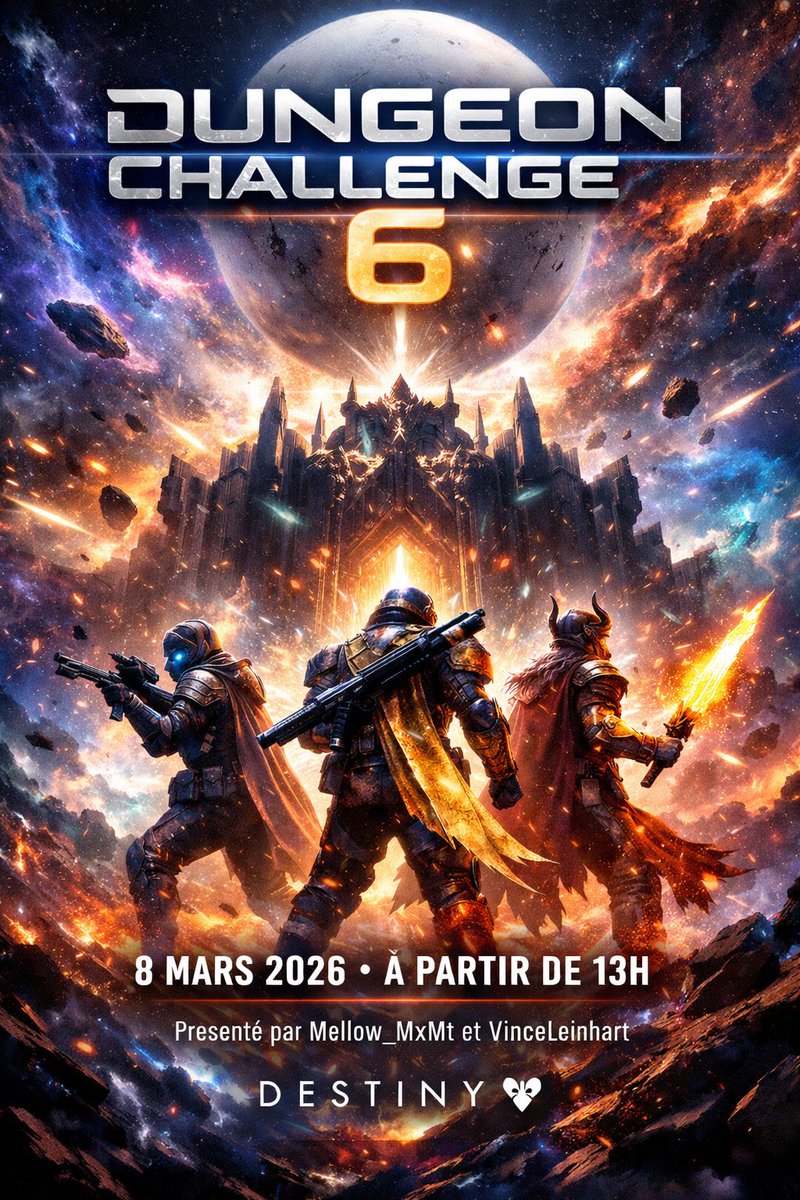 ⚔️ Dungeon Challenge 6 ⚔️
📅 8 mars 2026
🕐 Dès 13h sur ma chaîne twitch : twitch.tv/mellow_mxmt
🎮 Destiny 2

Gardiens, les donjons vous appellent.
Préparez votre fireteam et relevez le défi. 🔥

#Destiny2 #DungeonChallenge #Guardians #Bungie <a href="/DestinyGameFR/">Destiny 2</a>