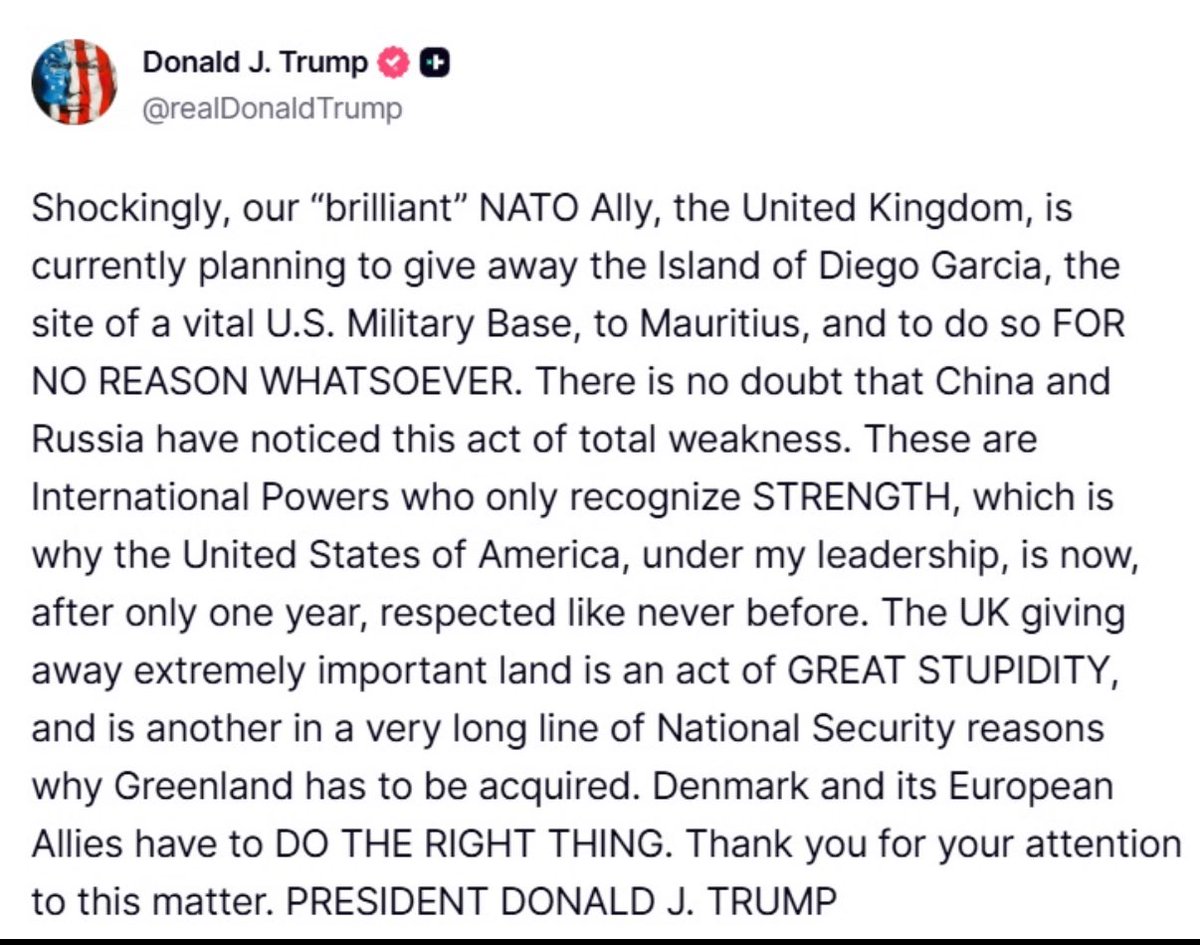 LordAshcroft's tweet photo. To ⁦@realDonaldTrump⁩ ⁦@SecRubio⁩ ⁦@JDVance⁩ . As someone who has been to the Chagos Islands and met both the British and American Commanders I 100% agree the sellout to Mauritius is stupid. Do consider annexing the Islands the day the British leave… https://t.co/j4A9yUsb7k