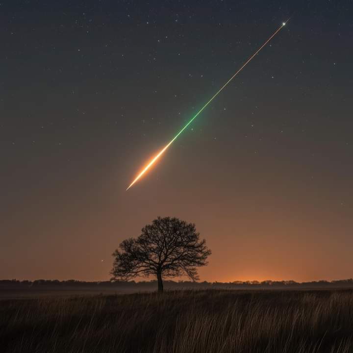 A bright meteor (shooting star) streaks diagonally across the sky, glowing with vivid colors orange, green, and white leaving a long, luminous trail as it falls.
Below, a solitary tree stands in silhouette at the center of an open field, its bare branches spreading quietly♥️♥️