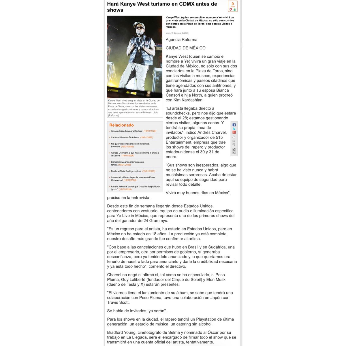 📰 La Prensa, un periódico conocido en México, entrevistó al organizador de 515 Entertainment (la empresa detrás de los shows de Ye en el país) sobre varias cosas relacionadas al evento. Entre lo más destacable:

- Ye estará en México desde el 28 de este mes y estará visitando