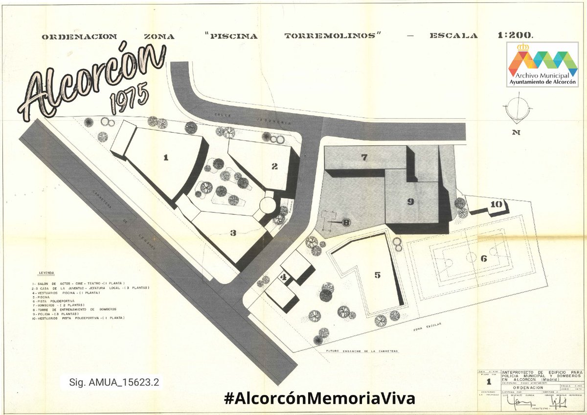 Una vez más, las consultas nos llevan a localizar documentos como este plano del Anteproyecto de construcción del edificio para Policía Municipal y Bomberos que se construyó en el entorno de la Piscina Torremolinos en 1975, calle Jabonería con Avda. Leganés. 
#AlcorcónMemoriaViva