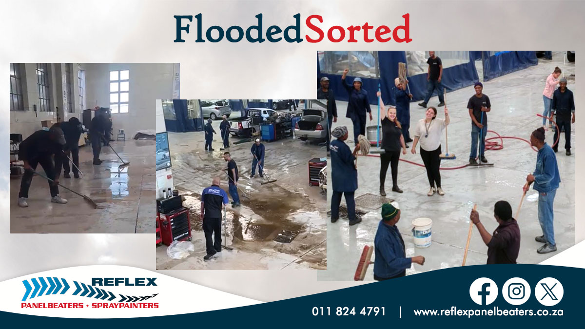 RPanelbeaters's tweet photo. The water came in uninvited, but our dream team didn’t hesitate. Sleeves rolled up and straight into action—the workshop was back to showroom shine in no time. Just like we handle storm damage &amp; repairs.
#WorkshopLife #StormDamage #PanelBeaters #TeamInAction #AutoRepair https://t.co/lvzQ4w1zJg