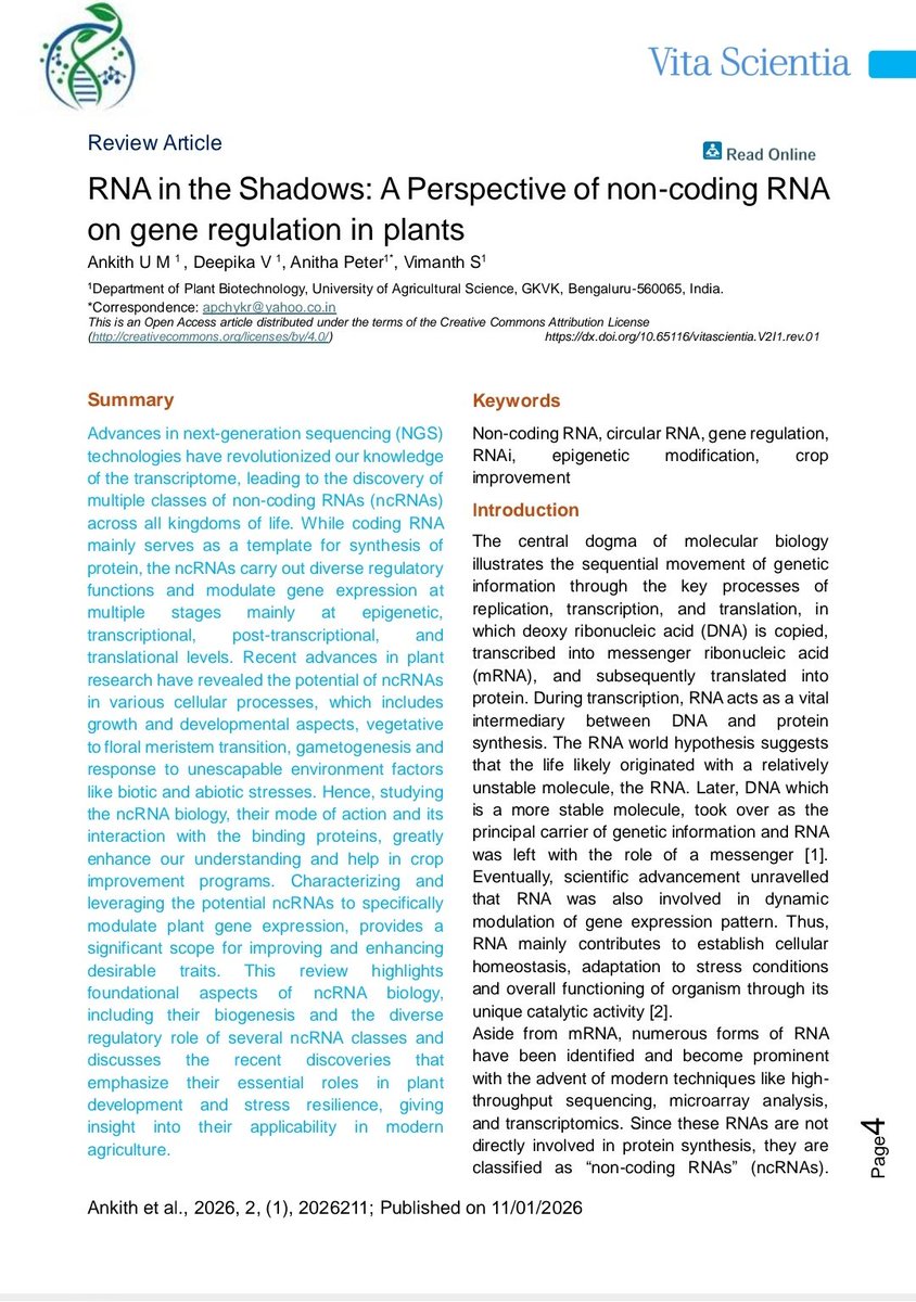 anki_ugranimane's tweet photo. I am pleased to share that our review paper,
“RNA in the Shadows: A Perspective of Non-Coding RNA on Gene Regulation in Plants”,
has been published in Vita Scientia.
https://t.co/0ybm3HbX8d

#ReviewArticle #NonCodingRNA #PlantScience #GeneRegulation #AcademicPublishing #Research https://t.co/RoM8ITrqU2