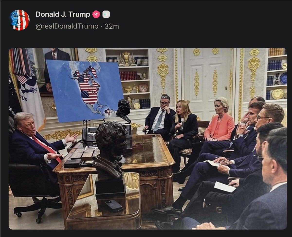 "Ya no hay vuelta atrás, somos la única potencia que puede garantizar la paz, ¡Y eso se logra, simplemente, con la fuerza!".

Trump se mofó de sus vasallos políticos de Europa y posteó fotos donde invade Groenlandia y la muestra junto a Venezuela como territorio estadounidense.
