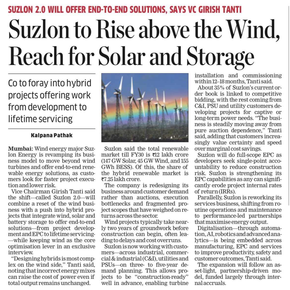 Suzlon to Rise above the Wind, Reach for Solar and Storage.#windenergy #windpower #renewables #suzlon <a href="/Suzlon/">Suzlon Group</a>