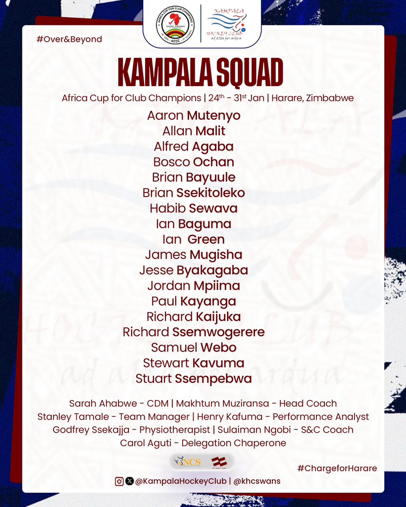 Squad named. The Kampala Stallions are heading to Harare for the ACCC 🏑
Back the boys as they take on the continent 🇺🇬🐎 #ChargeForHarare #OverAndBeyond