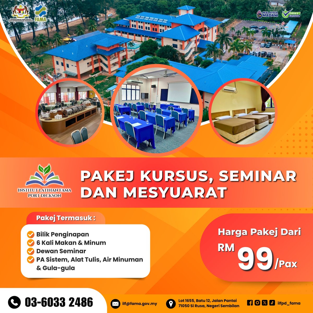 Cari lokasi untuk menganjur kursus, seminar dan mesyuarat yang lengkap dan selesa?

Dapatkan pakej yang lengkap dan berpatutan di Institut Latihan FAMA Port Dickson!

Hubungi:
☎️03-6033 2486
✉️ilf@fama.gov.my