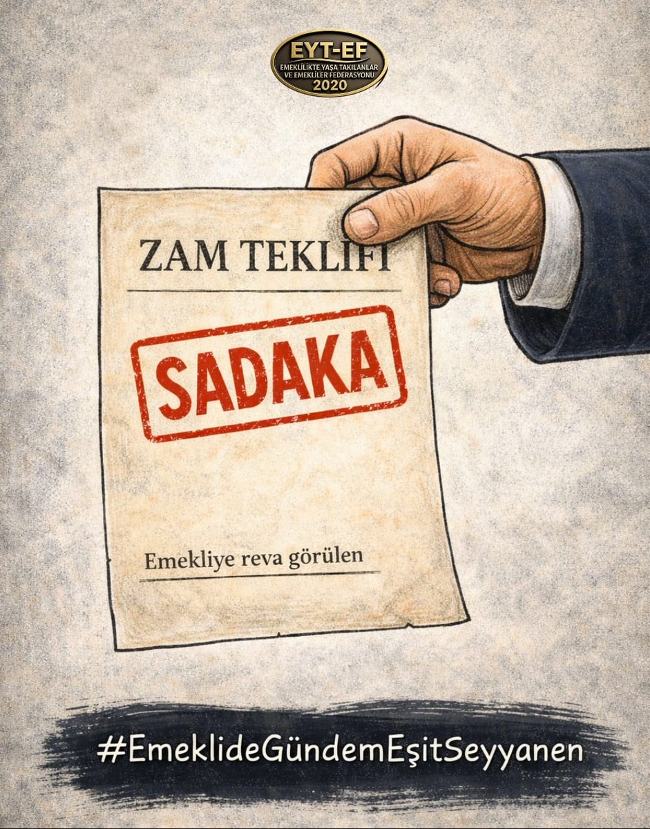 hami_sicak99416's tweet image. 1.3
👇
#EmeklideGündemEşitSeyyanen

@TBMMGenelKurulu na gelecek olan zam teklifi #Emekli ye reva görülen bir sadakadır.

Yıllarca çalışanın payına düşen açlık, yoksulluktur!

Talebimiz Net;
Kök maaşlara 35BinTL #SeyyanenZam

#EYTdeGündem5000KısmiyeYasa
@RTErdogan
@isikhanvedat