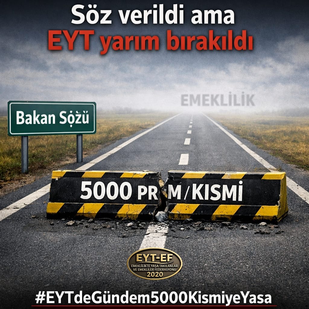 EYT
👇
#EYTdeGündem5000KısmiyeYasa

Devlet söz ve umut verdi, plan yaptırdı.

Sonra ne oldu?
#EYT yarım bırakıldı.
5000 Prim ve Kısmi Emeklilik hakları bilerek görmezden gelindi.

Bu adaletsizliğin tek çözümü yeni bir yasadır.

#EmeklideGündemEşitSeyyanen
<a href="/RTErdogan/">Recep Tayyip Erdoğan</a>
<a href="/isikhanvedat/">Prof. Dr. Vedat Işıkhan</a>